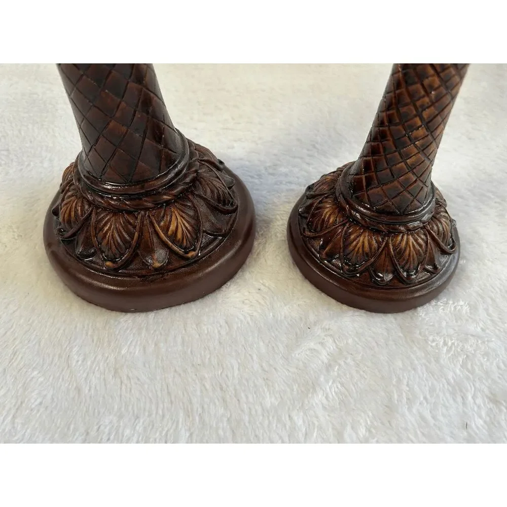 Resin Art Deco Tropical Palm Tree Candle Holders Set, Woven, Heavy, 14